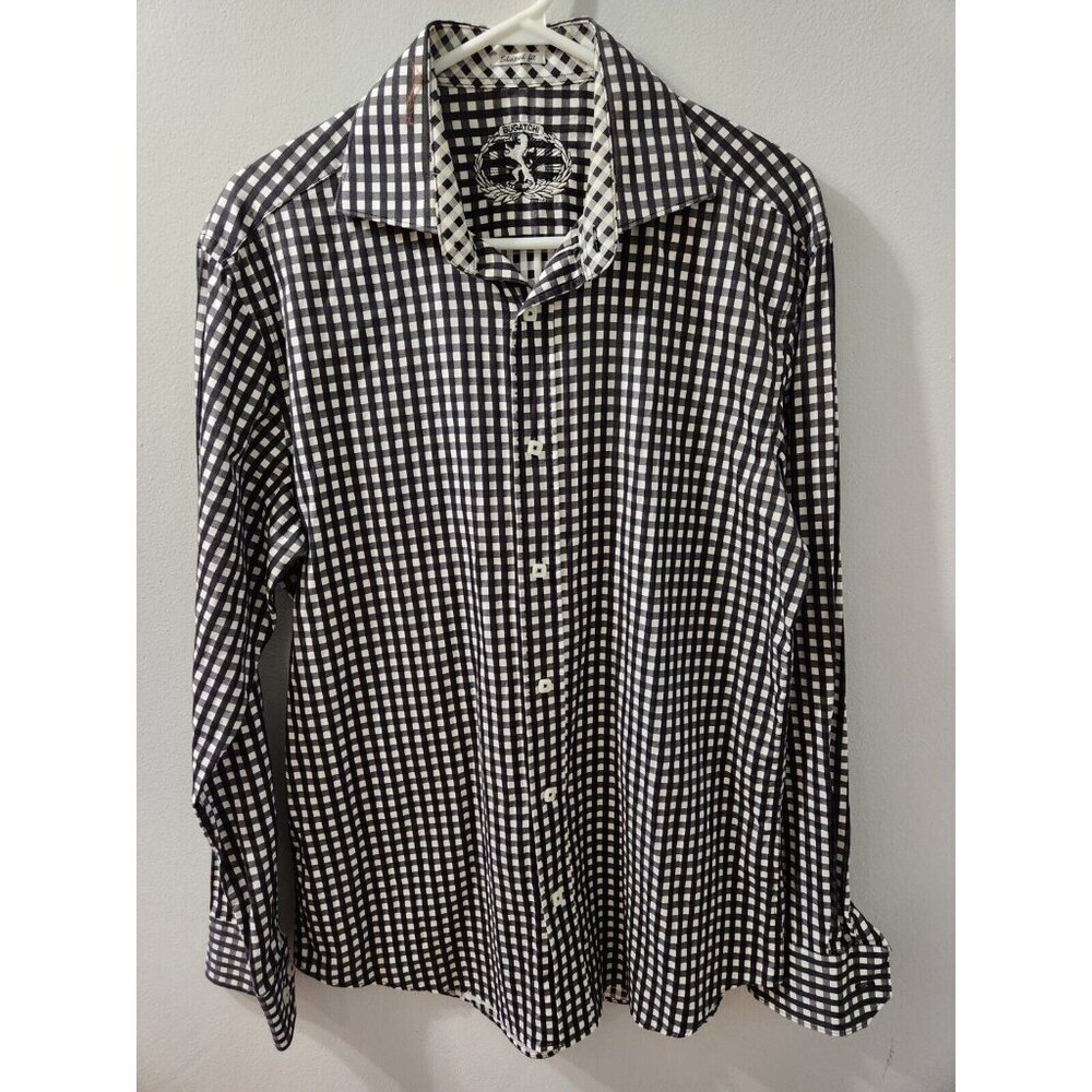 Bugatchi Shaped Fit Long Sleeves Black And White Men Shirt Medium